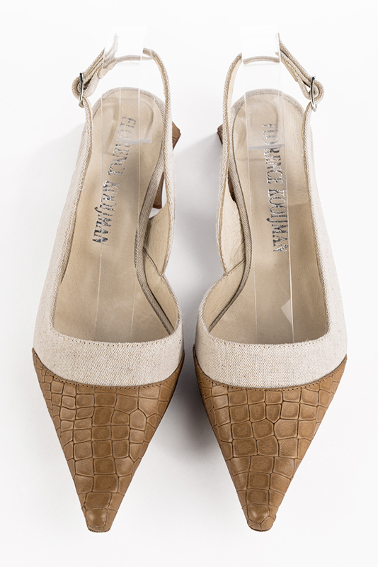 Camel beige women's slingback shoes. Pointed toe. Flat flare heels. Top view - Florence KOOIJMAN